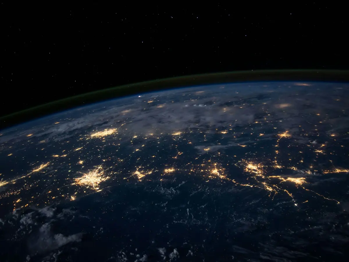 Connected cities viewed from space, illustrating internet and VPN services